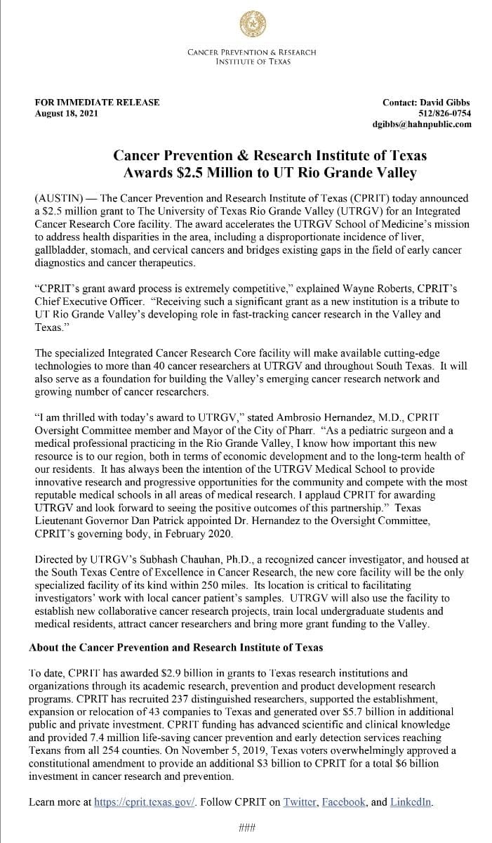 Pharr Mayor Hernandez Cprit Oversight Committee Member Announces 2 5 Million Cancer Research Grant To Utrgv City Of Pharr