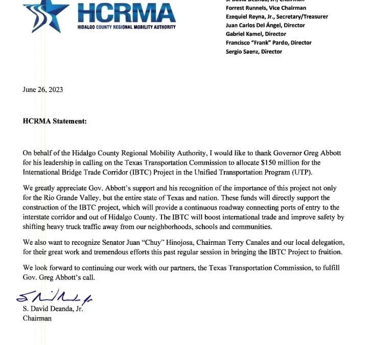 City of Pharr, HCRMA Respond to Gov. Abbott’s Call for $150M for IBTC Corridor