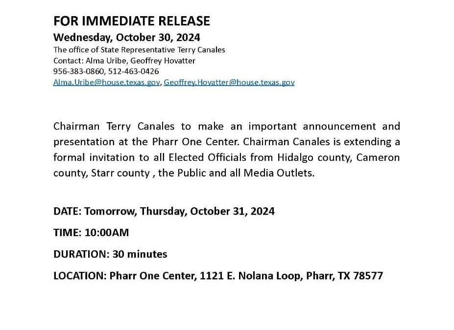 COURTESY FORWARD: Chairman Terry Canales to Make an Important Announcement and Presentation TOMORROW, 10/31 @ 10 AM